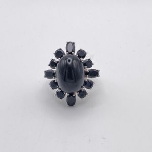 Black Star Diopside & Midnight Blue Sapphires Ring; 925 Sterling Silver; Size 8